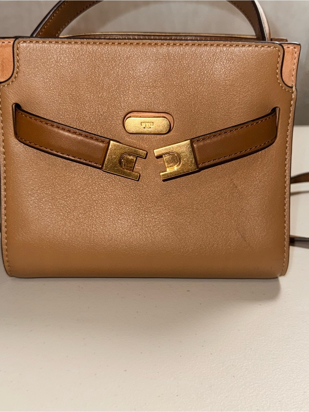 Tory Burch Lee Radziwill Petite Double Bag Tiramisu Leather + Strap